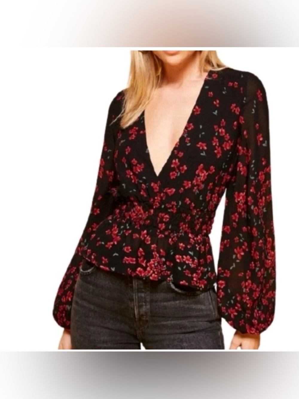 Reformation Floral Deep V Blouse